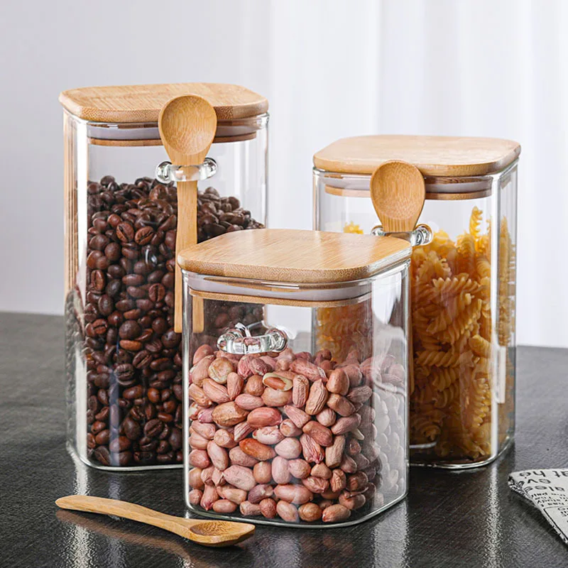 Clear Glass Containers for Pantry with Wooden Spoon