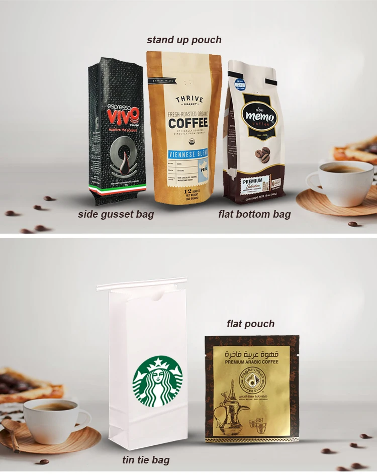 Biodegradable Compostable Eco Food Grade Packaging Custom Printing Side Gusset Valve Kraft Paper Tin Tie Coffee Bag With Valve