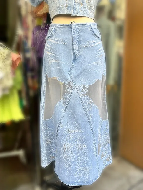 Ladies A-line Denim Bust Dress Asymmetric Flower Burning Process Cute Streetwear Button Waist For Summer Spring Autumn Party - Image 2