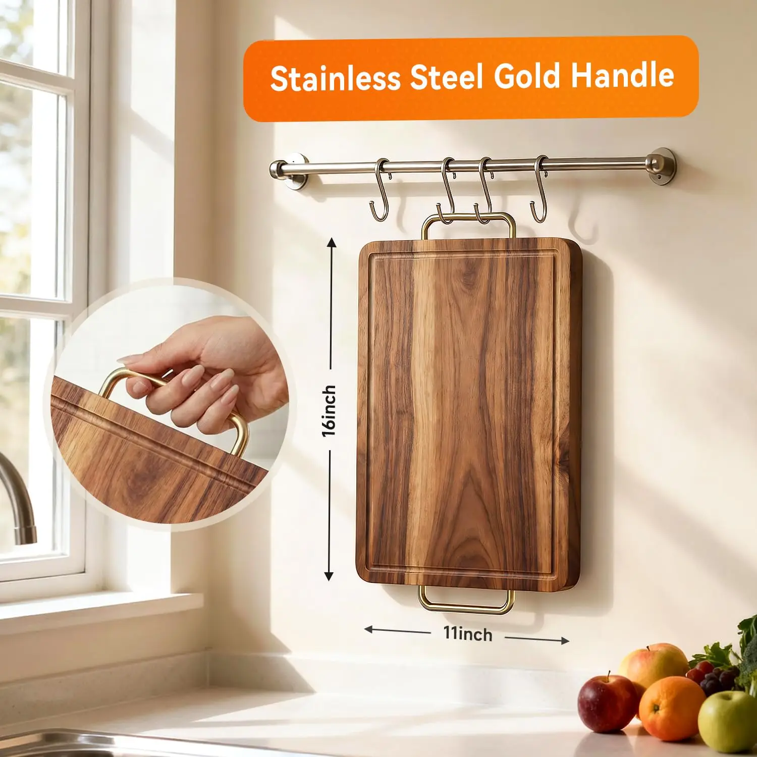product custom double sided acacia wood cutting board with stainless steel kitchen chopping block with juice groove handle-4