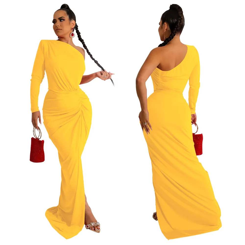 OJW020572 модное сексуальное однотонное облегающее элегантное платье с рюшами одним рукавом темпераментное вечернее платье-годе для