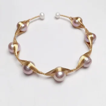 wholesale price gold wire wrapped light purple natural pearl bracelet resizable handmade bead bangle woman bracelet Jewelry Gift