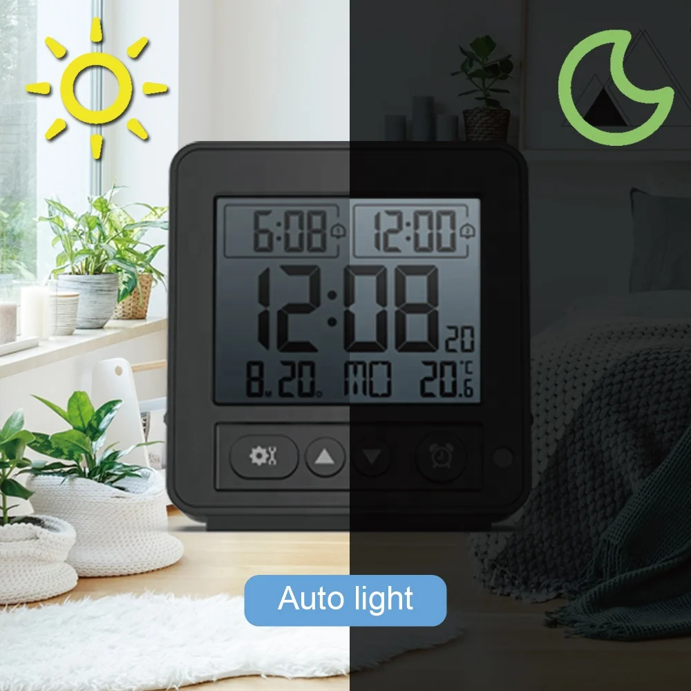 Digital Alarm Clock with Radio-Controlled Time Automatic Backlight Setting Double Alarm and Snooze Function