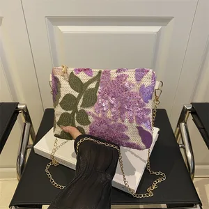 Fashion Sequin Leaf Crossbody Shoulder Bags for Women Chain Strap Handbags Ladies Clutch Bag for Daily Used Travel