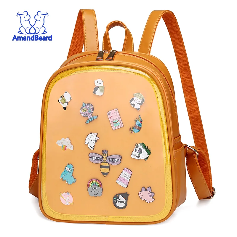 Source custom clear PVC Ita backpack with pins display leather