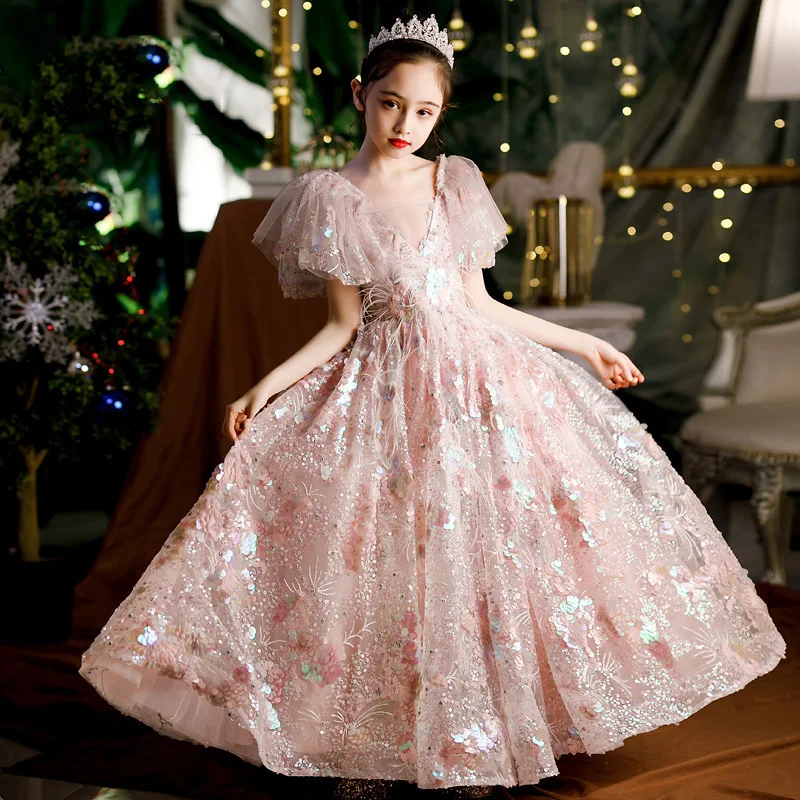 S2106R Elegant Flower Girl Dress with Fluffy Gauze Sleeves