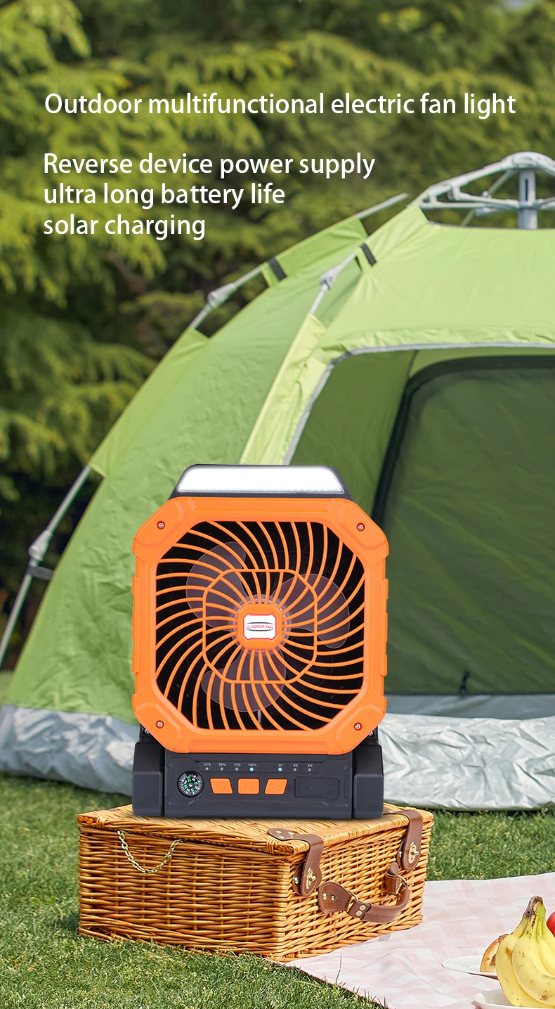 7800mAh Solar Portable Fan with Brushless Motor,USB-C Charging,4-Speed & LED Light/CE/FCC/ROHS Certified for Outdoor Camping