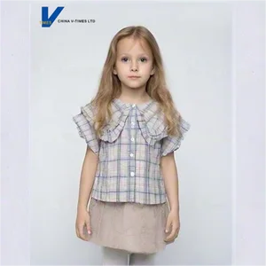 Preppy-Themed Printed Plaid Pattern Large Stand Collar Ruffled Trim Front White Button Closure Girls' Summer Sleeveless Shirt