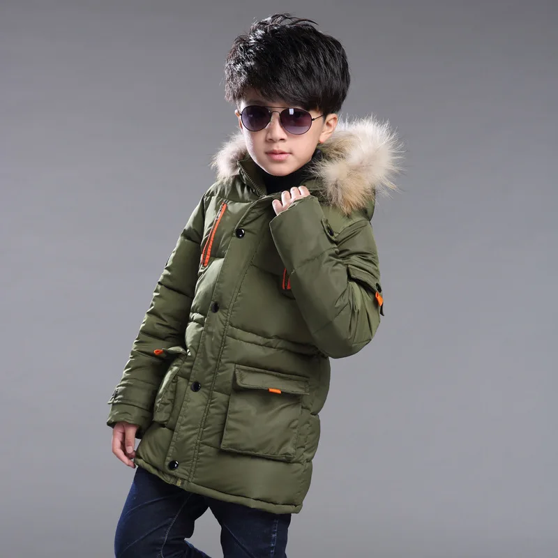Boys Bubble Winter Long Coat Hooded Fur Collar Wholesale