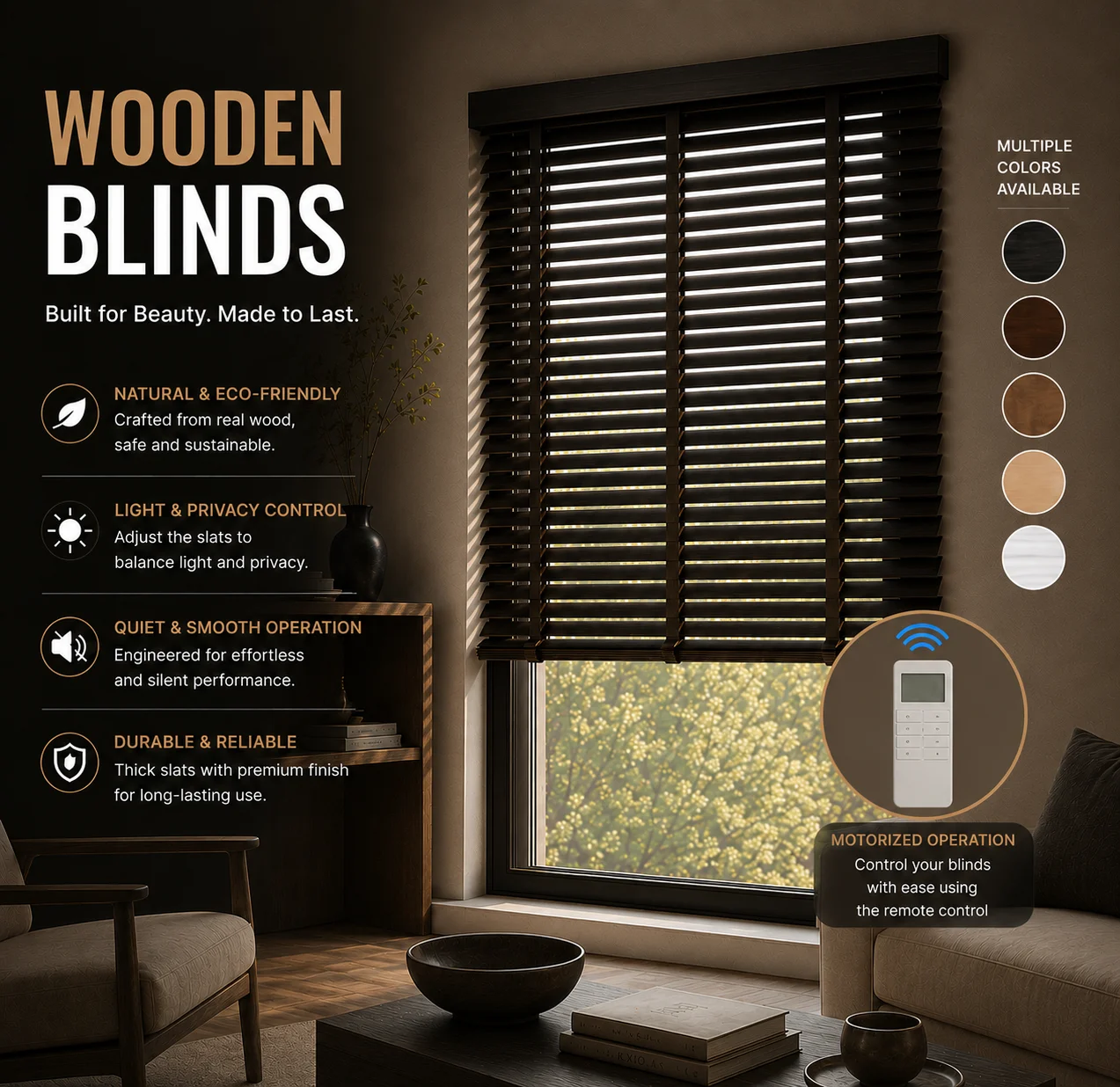 Smart Motorized Wooden Blinds Custom Paulownia Wood Window Shades with Remote Control