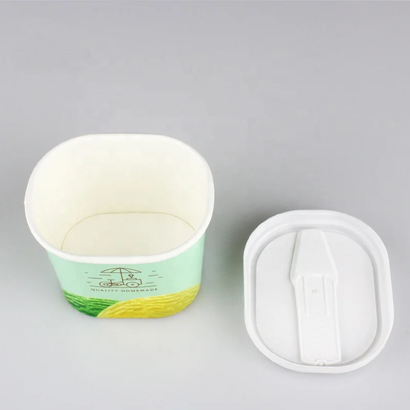 Disposable 160ml 360ml Double PE Ice Cream Square Paper Cup With Plastic Lid and Plastic Spoon