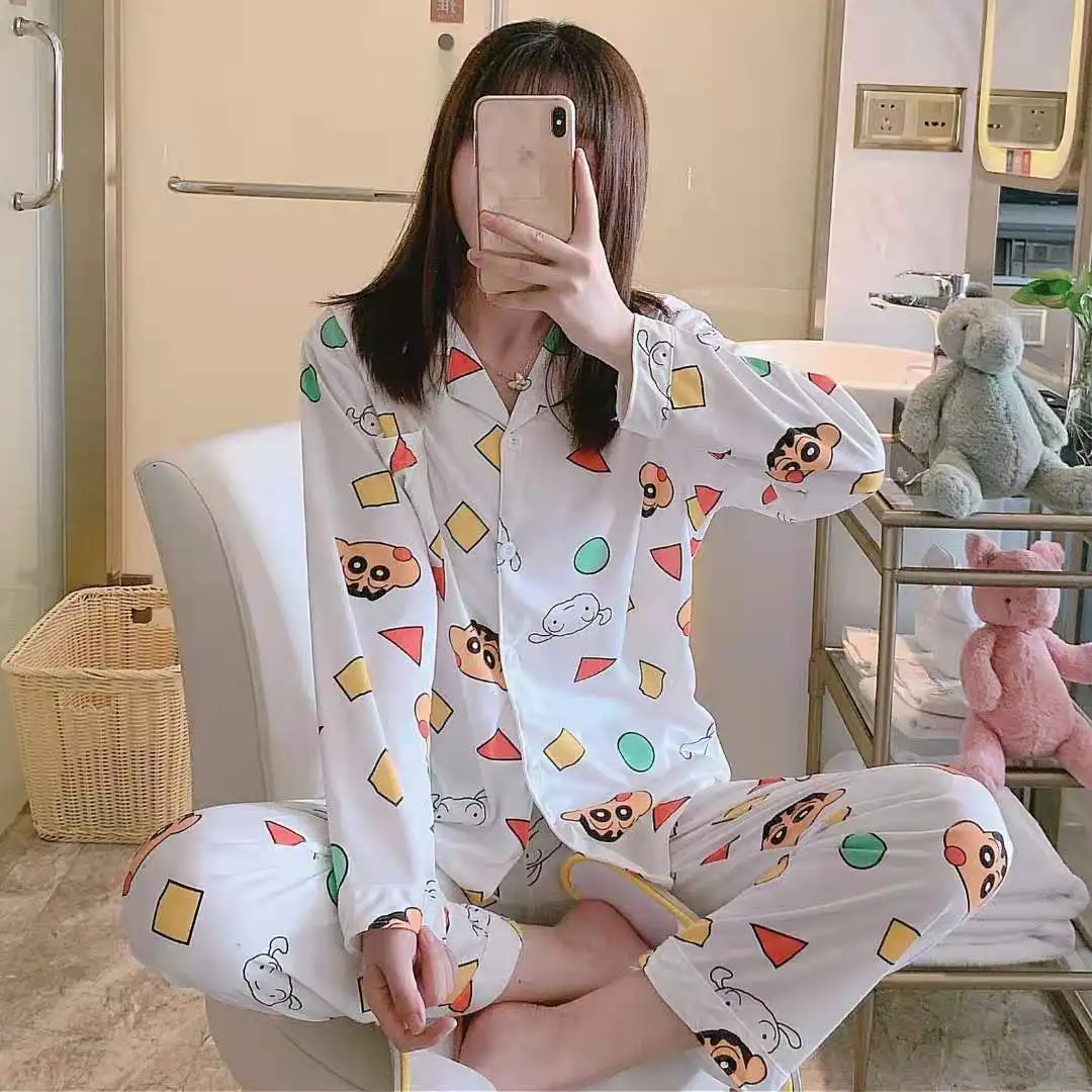 Kawaii Hello Kitty Doraemon Nightdress Cartoon Crayon Shin-Chan Summer Pure  Cotton Printing Short Sleeve Homewear Two Piece Set