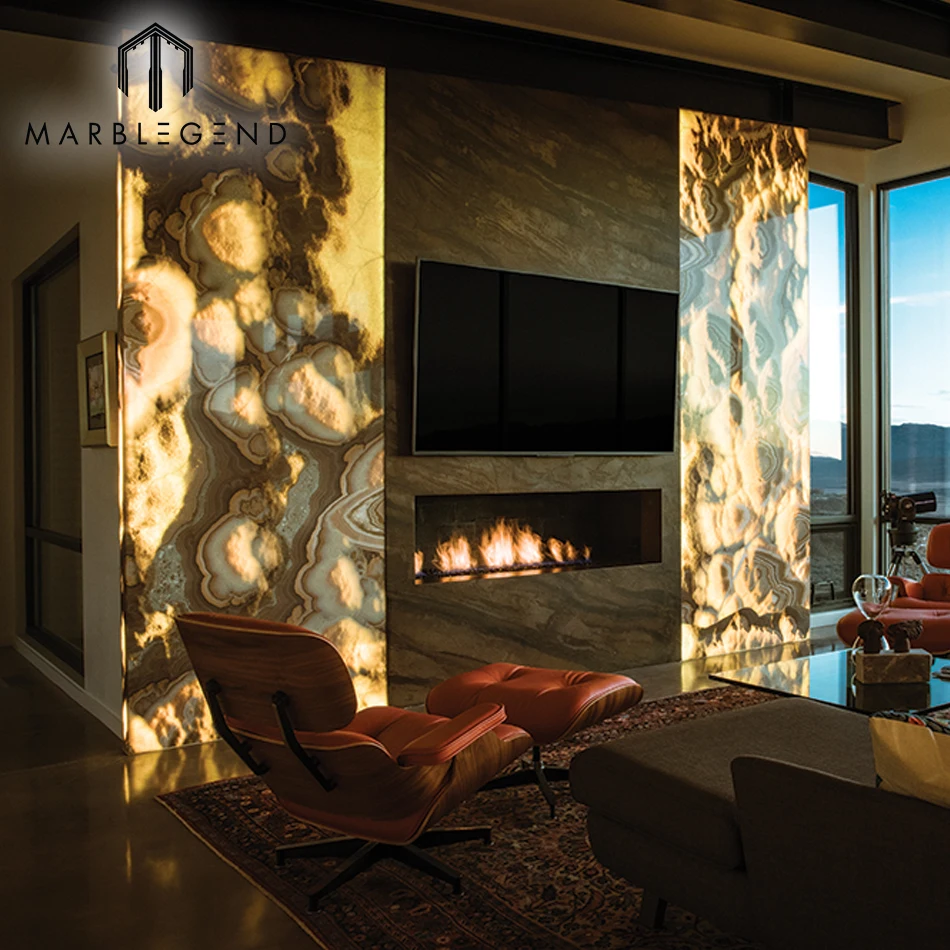 Living Room Backlit Wall Cladding Design Natural Yellow Bubble Orange Onyx Slab