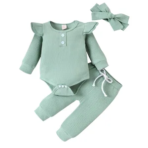 Wholesale 3-Piece Baby Clothing Set Fashionable Solid Casual Striped Flying Sleeves Romper Bow Headband Trousers for Autumn