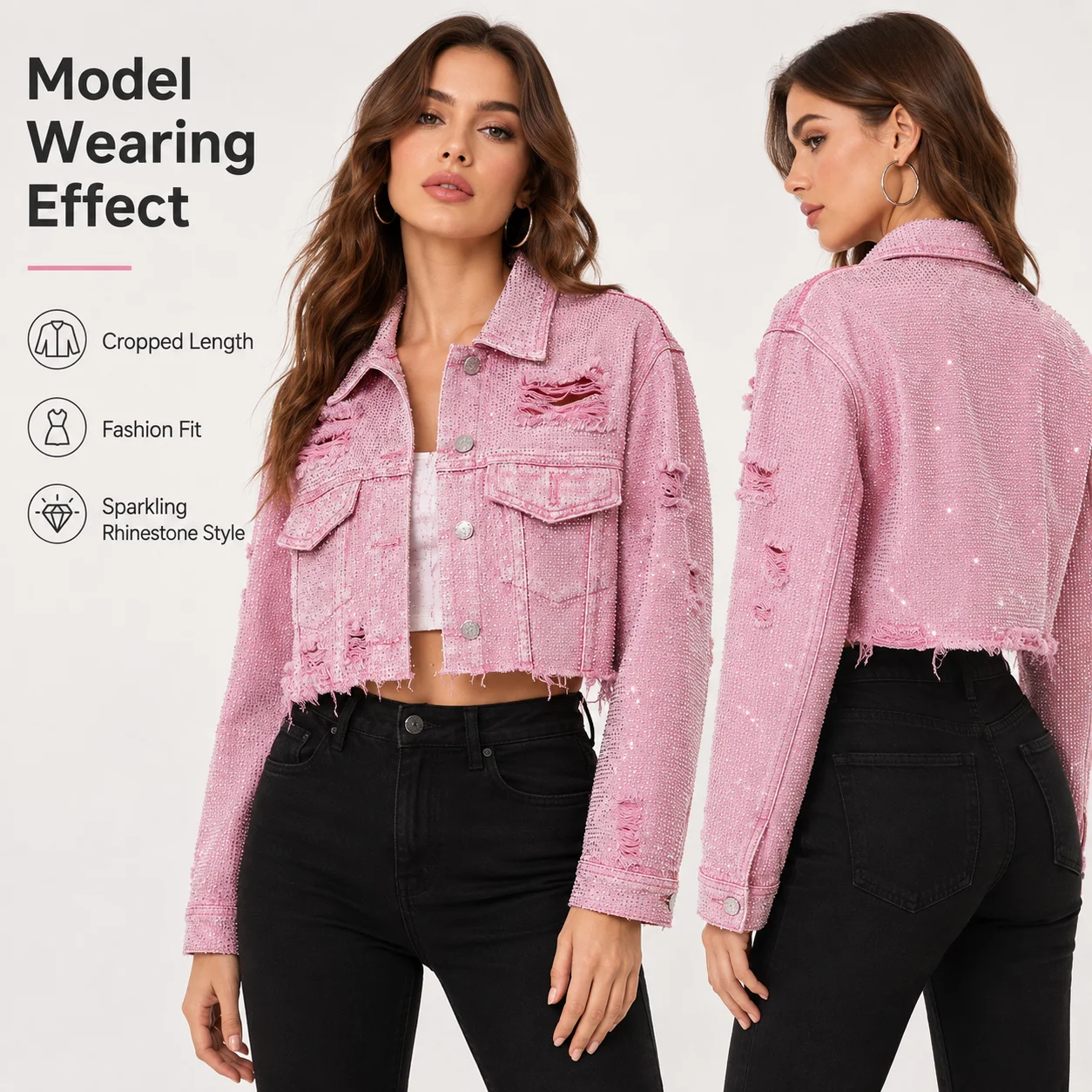 Spring New Fashion Streetwear Distressed Full Diamond Quick Dry Loose Short Denim Jacket Women's Western Sweet Cool Top