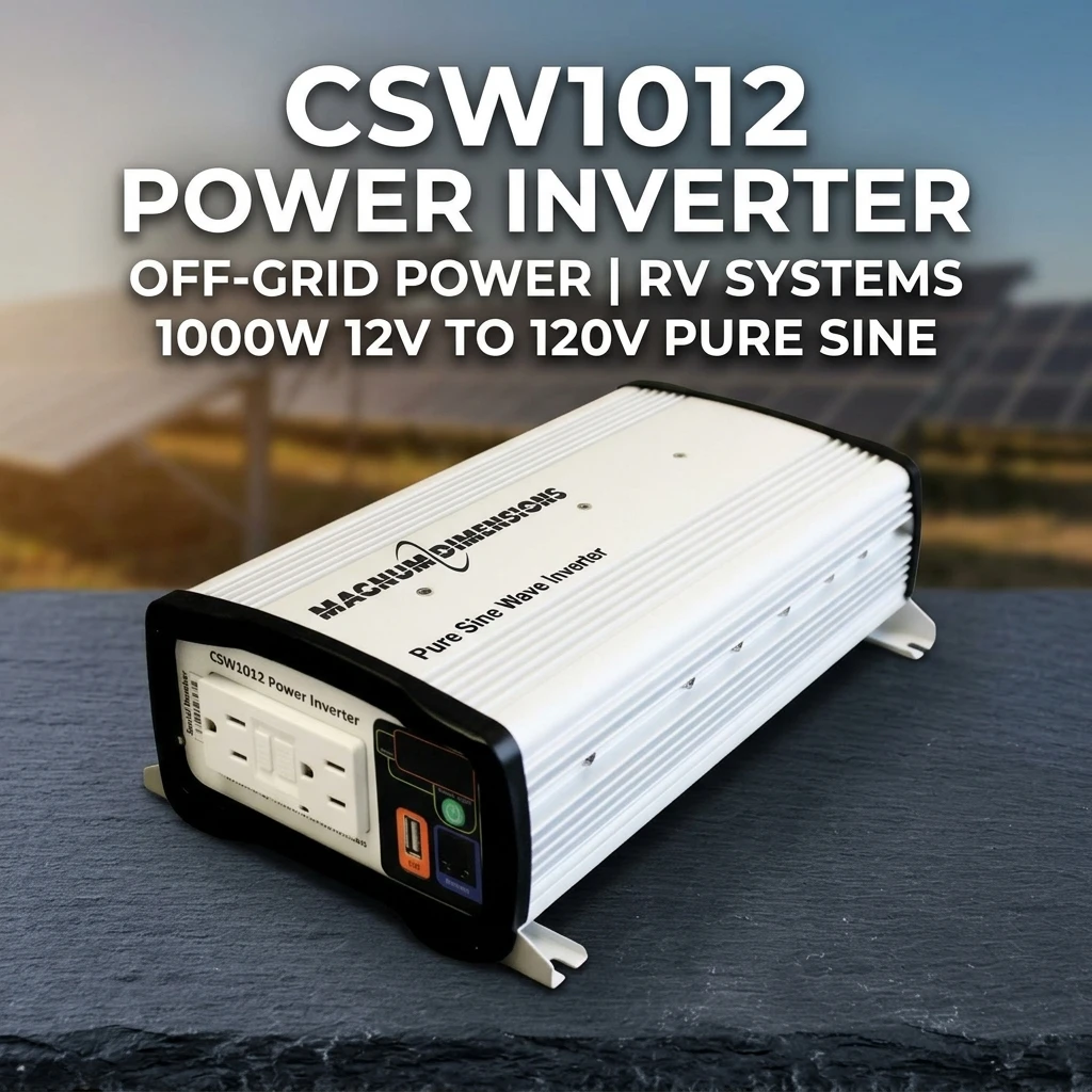 อินเวอร์เตอร์ไฟฟ้าแบบไซน์เวฟบริสุทธิ์ประสิทธิภาพสูง รุ่น CSW1012 สำหรับแม็กนัม ดิเมนชันส์ กำลัง 1000 วัตต์ แรงดันขาเข้า 12 โวลต์ ขาออก 120 โวลต์ ประสิทธิภาพ 90% สำหรับรถบ้านและแคมป์ปิ้ง