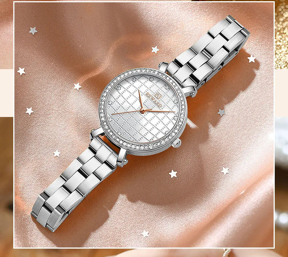 REWARD Watch for Women Wrist Watches Top Brand Quartz Movement Grid Dial Clock Stainless Steel Wristwatches