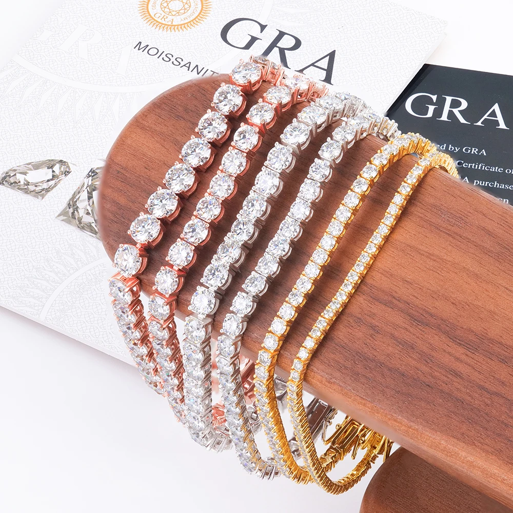 925 Sterling Silver White Gold Plated Round Brilliant Cut Moissanite Tennis Chain Bracelet for Women Men Moissanite 3mm Bracelet