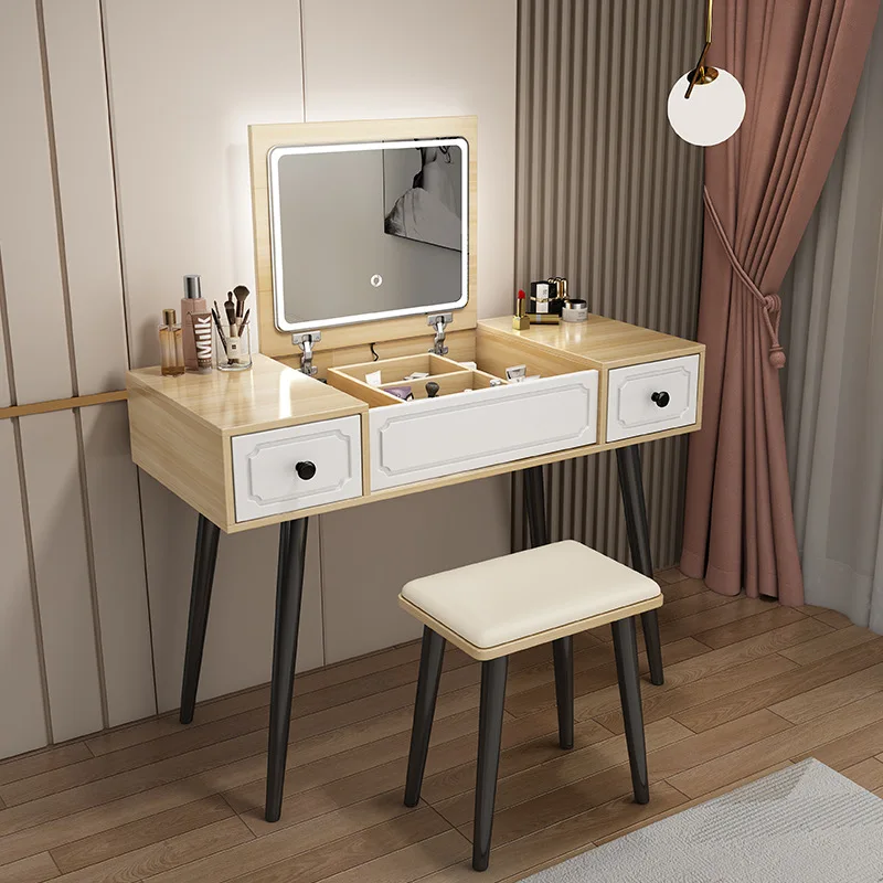 Nordic flip top dressing table modern minimalist small hidden mirror makeup vanity with LED light