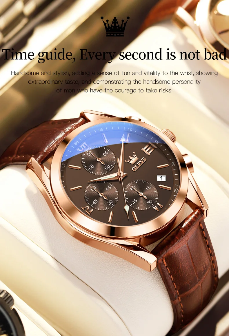 OLEVS Reloj 2872 Top Brand Luxury Waterproof Clock Brown Leather Sports WristWatch Relogio Masculino Quartz Watch For Men