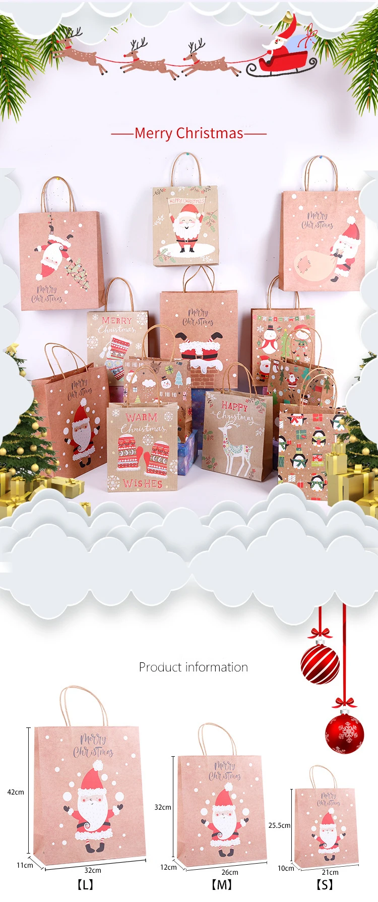 Christmas Goodie Bags | Lipack Cmyk Printed Christmas Gift Kraft Shopping Bag For Tshirt For Christmas