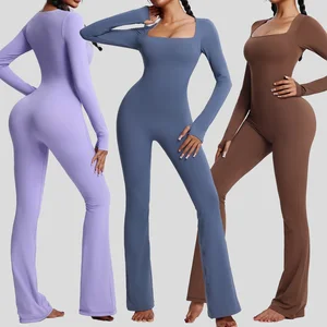 Factory Wholesale Fitness Rompers Sexy Workout Wear Bodysuit One Piece Jumpsuits Long Sleeve Square Neck Women Gym Yoga Jumpsuit