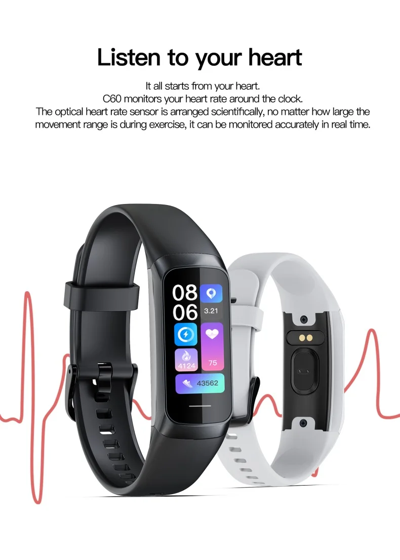 Cheap AMOLED Smart Bracelet C60 Heart Rate Blood Pressure Oxygen Body Temperature Call Message Reminder C60 Smart Band