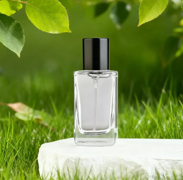 30ml Crimp Glass square Perfume Bottle with Black Lid and Box Packaging