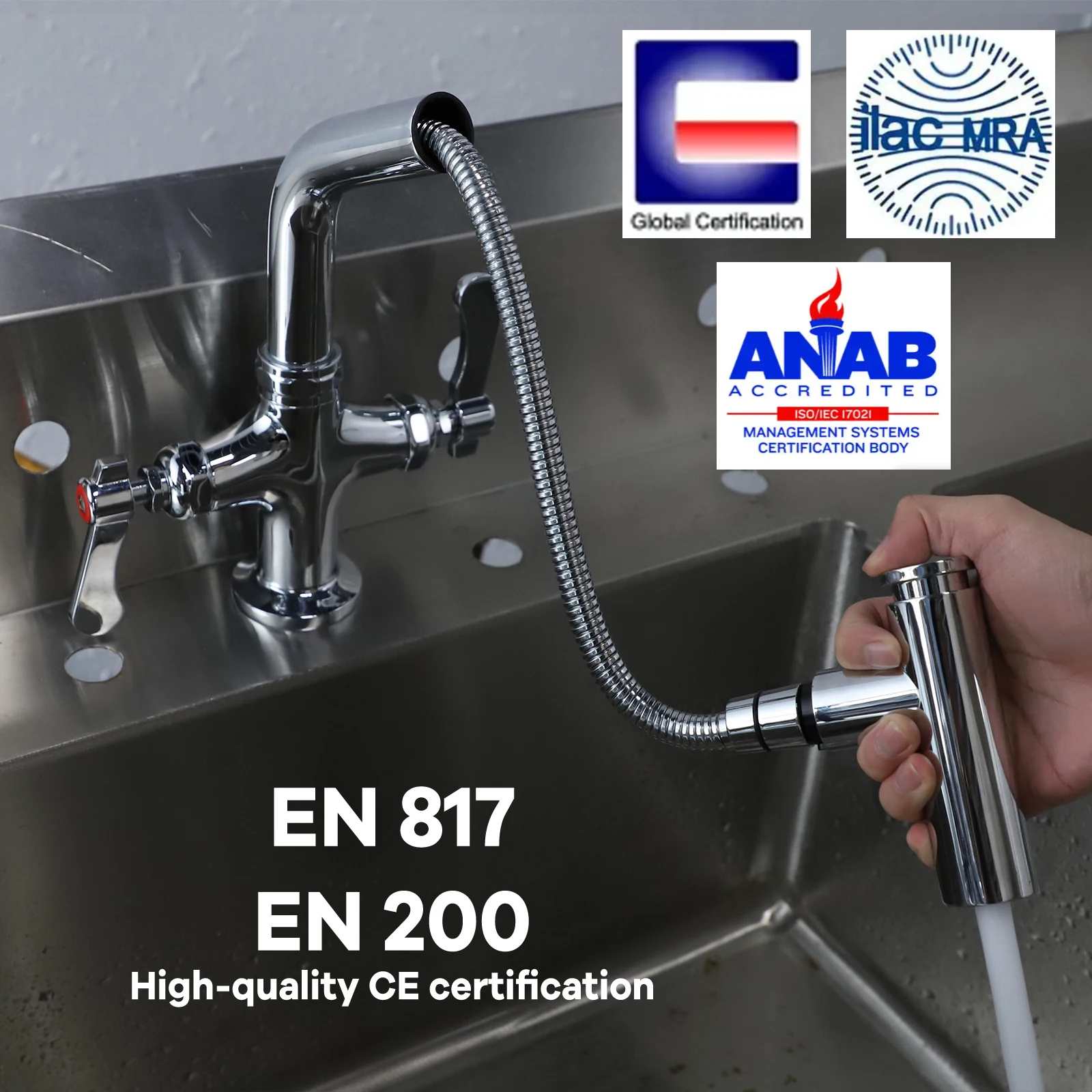 High Quality Dual Handle Deck Mounted Commercial Kitchen Sink Tap Mixer Faucet 360-Degree Rotating Pull Out Down for Home/Dining