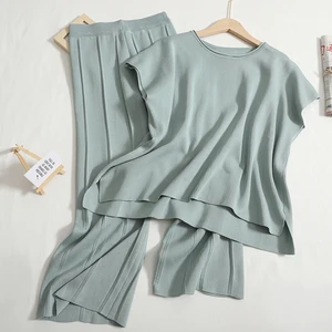 Wholesale 2026 Summer New Solid Color Sleeveless Vest Knitted Sweater Wide Leg Cropped Trousers Suit Thin Ice Silk Women's Set