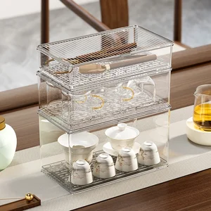 Modern Luxury Light-Gray Plastic Tea Coffee Cup Holder Custom Manufacturer's Dustproof Storage Box Office Living Room Desktop