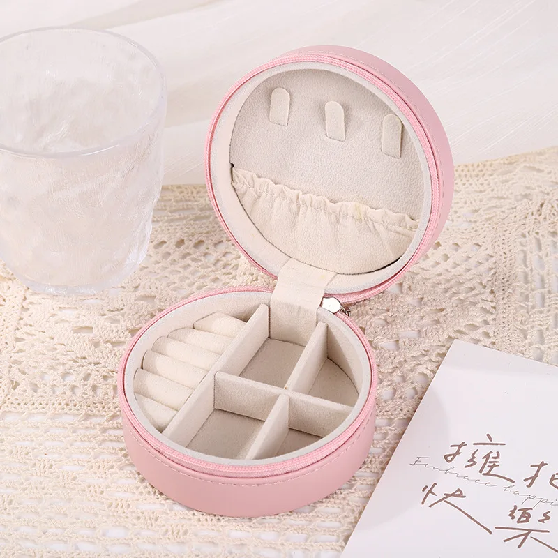 New round zipper jewelry box cross-border pu necklace earrings ring multifunctional storage box portable jewelry box manufacture