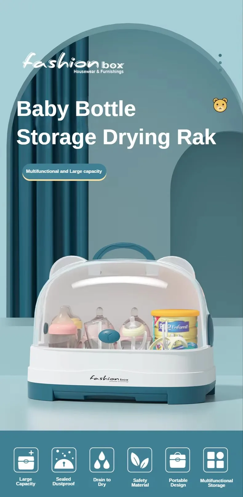 Hot Sale Plastic Baby Bottle Drying Rack Rectangle Shape with Cover and Handle-for Milk Feeding Bottle Storage manufacture