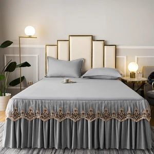 Hot Sale Home Textiles Bed Skirt Grey Embroidery Lace Sheets Bedspread Bedding Skirt for Hotel