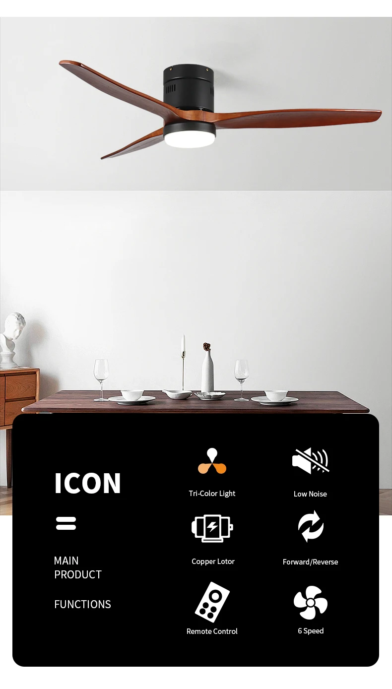 42 52inch Iron Black Unique Solid Wood Air Purifier Ceiling Fan for Living Room with Light