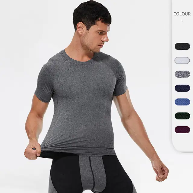 Custom LOGO Men's Breathable 85% Polyester 15% Spandex Compression Short Shirts Fitness Gym Wear for Bodybuilding Tops