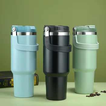 Modern Design Large Stainless Steel Car Thermos Portable Multi-Use Coffee Cup Vacuum Technology Includes Straw for Travel Water