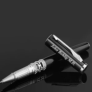 Hot Selling Luxury Personalized Gift  Black Hollow Metal Roller Pen with Custom Logo Metal Roller Pen Set with PU Leather Case