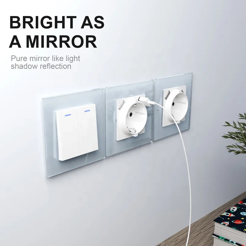 Two Gang One Way Three Way Light Switch With LED Indicator Luxury Design EU Glass Panel 250V 10A Wall Socket