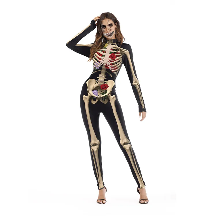New Arrival Hot Sexy Skeleton Jumpsuit Funny Halloween Costume Skull Cosplay Bodysuit Carnival Party Clothes For Woman