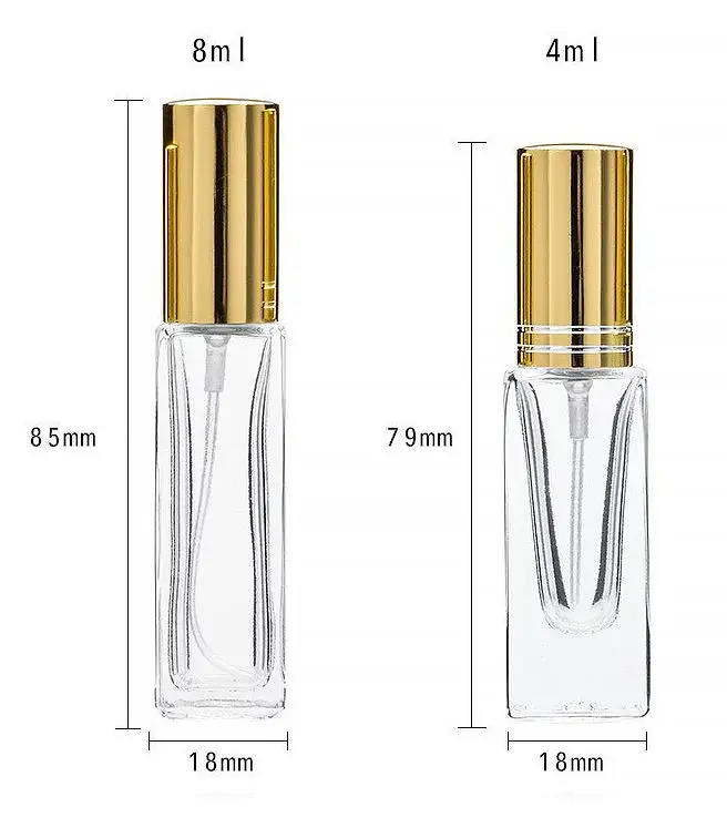 Customized 4ml 8ml Square Refillable Mini Sample Test Empty Glass Perfume Bottle with Spray Atomizer