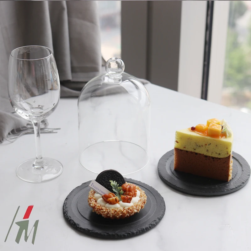 Schwarzer Schiefer Teller Mit Glaskuppel Deckel Multifunktion Ales Kuchen-servier Brett Kleine Runde Dessert Platte