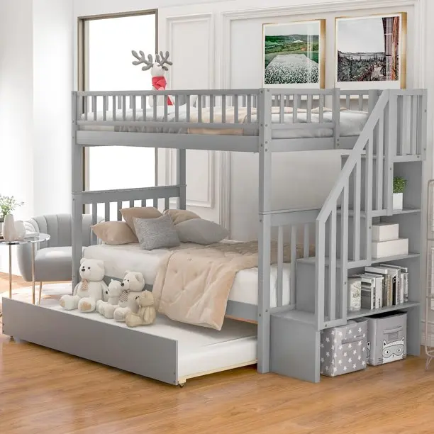 Multifunctional Bedroom Double Decker Bed Modern Wood Furniture Kids Children Bunk Bed With Storage
