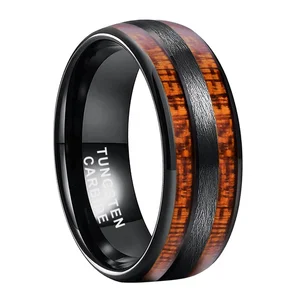 Coolstyle Jewelry 8mm Domed Brushed Black Tungsten Ring for Men Women Double Koa Wood Inlay Fashion Engagement Wedding Band