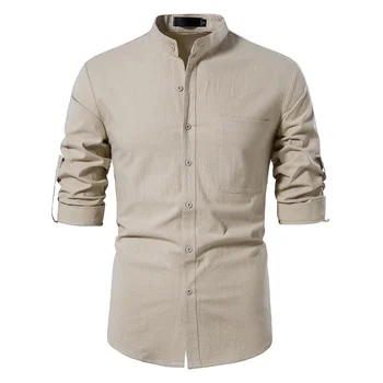 New  high quality Men's Casual Cotton Linen Solid Color Long Sleeve Shirt Loose Stand Collar Shirt