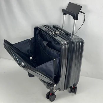 New Design charging port 16 inch ABS+PC Suitcase Trolley Front opening Luggage Luxury phone holder Travel Suitcase