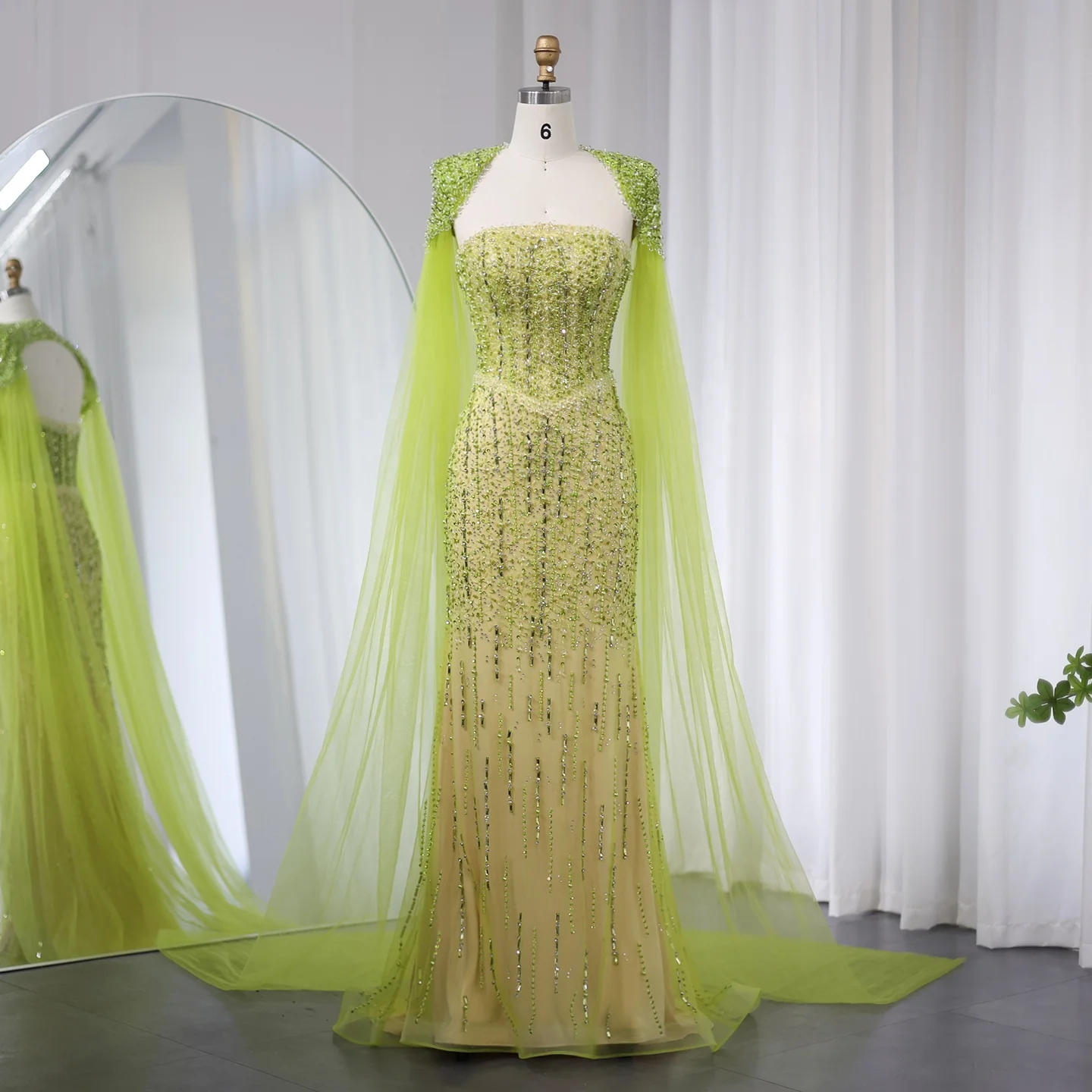 lime green mermaid dress Lime Green Spaghetti Straps Pleats Sparkly Stretchy Size-slit Long Mer –  SposaBridal main image 1