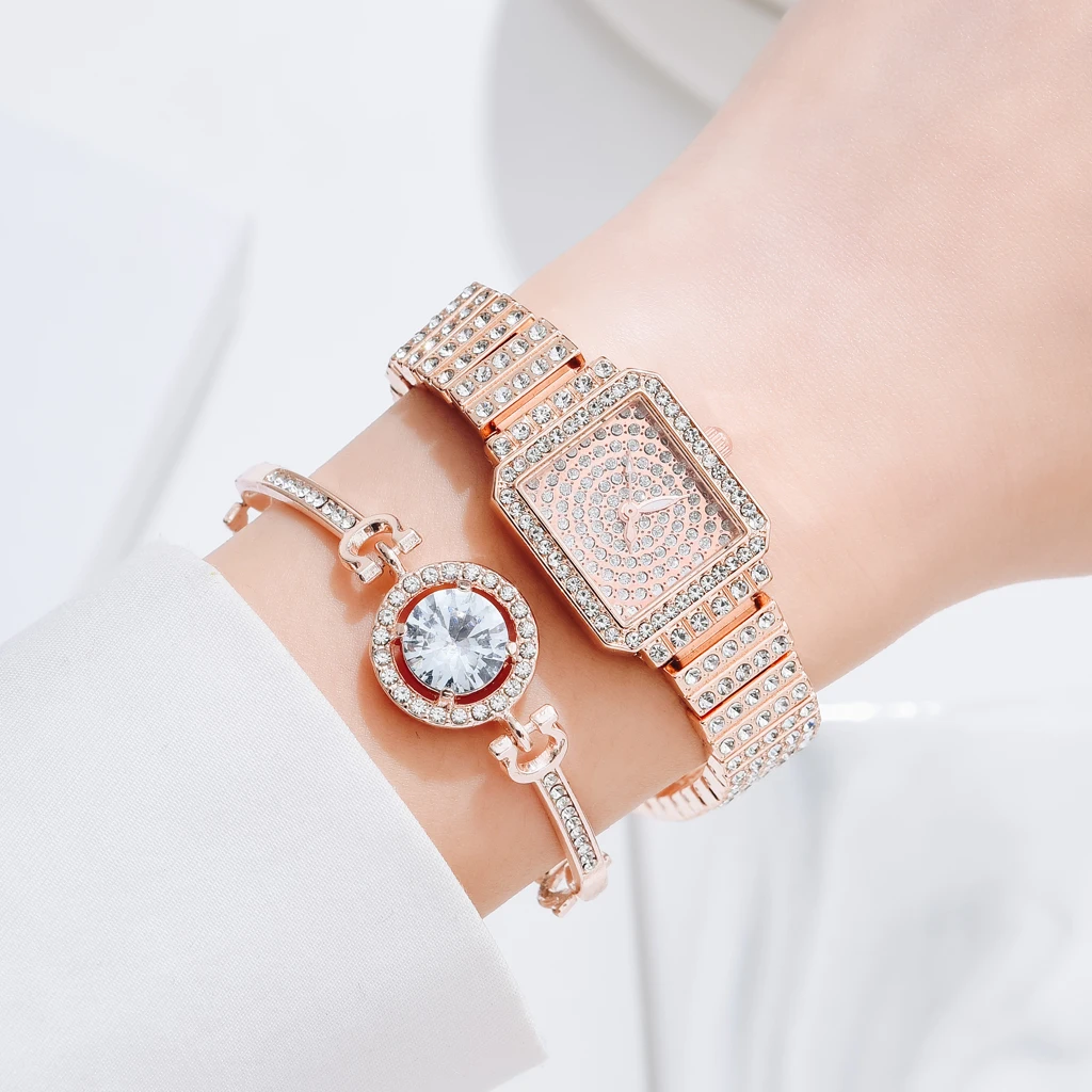 6pcs Wedding Party Women's Rose Gold Alloy Steel Band Quartz Watch Set with  Diamonds Roman Scale Literal Bracelet Ring Earrings Necklace Big Diamond