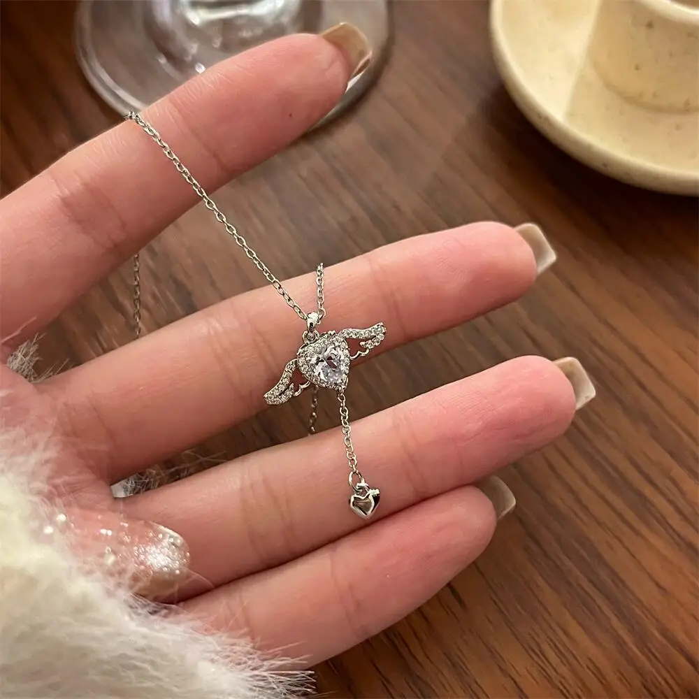 Girl's Neck Chain Cupid Arrow Necklace Pink Crystal Angel Wings Heart Pendant Necklace for Woman Minimalist Jewelry