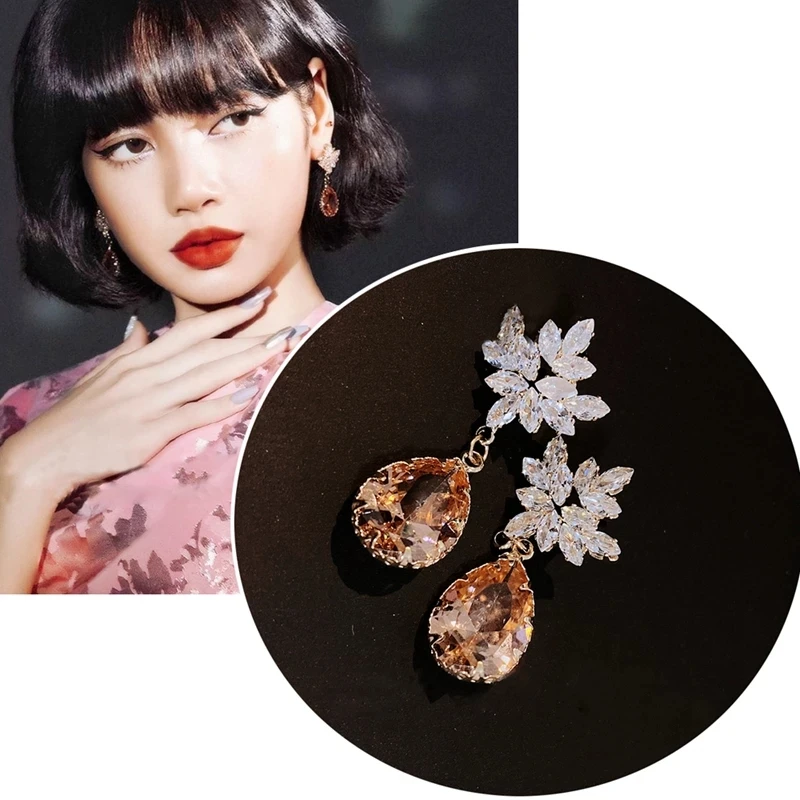 Kaimei Korean TV Star Champagne Waterdrop CrystalDrop Earrings Women Girls Snowflake Zircon Pendientes Christmas Jewelry